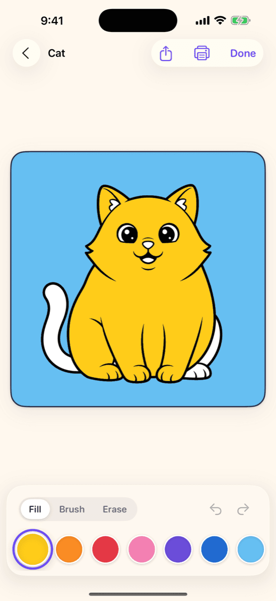 DoodlePlot's Color mode: a cat outline filled bright yellow, with Fill, Brush and Erase tools and a crayon row below